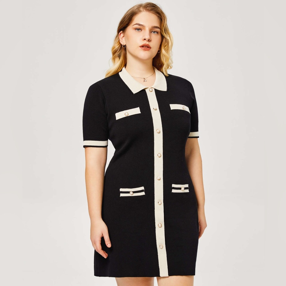 KNIT CONTRASTING EDGE PEARL DRESS CURVE & PLUS